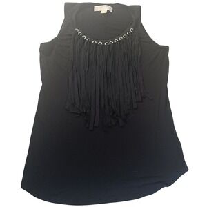 Michael Kors Black Fringe Tank Top Womens S Sleeveless Festival Boho Moto Chic